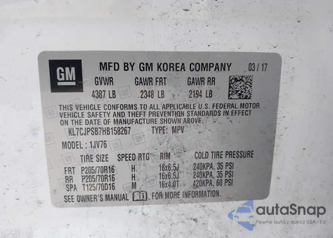 2017 Chevrolet Trax Lt from USA, damaged, VIN KL7CJPSB7HB158267